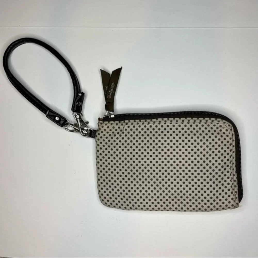 Thirty-One Slim Soft Brown and Cream Polka Dot Wristlet